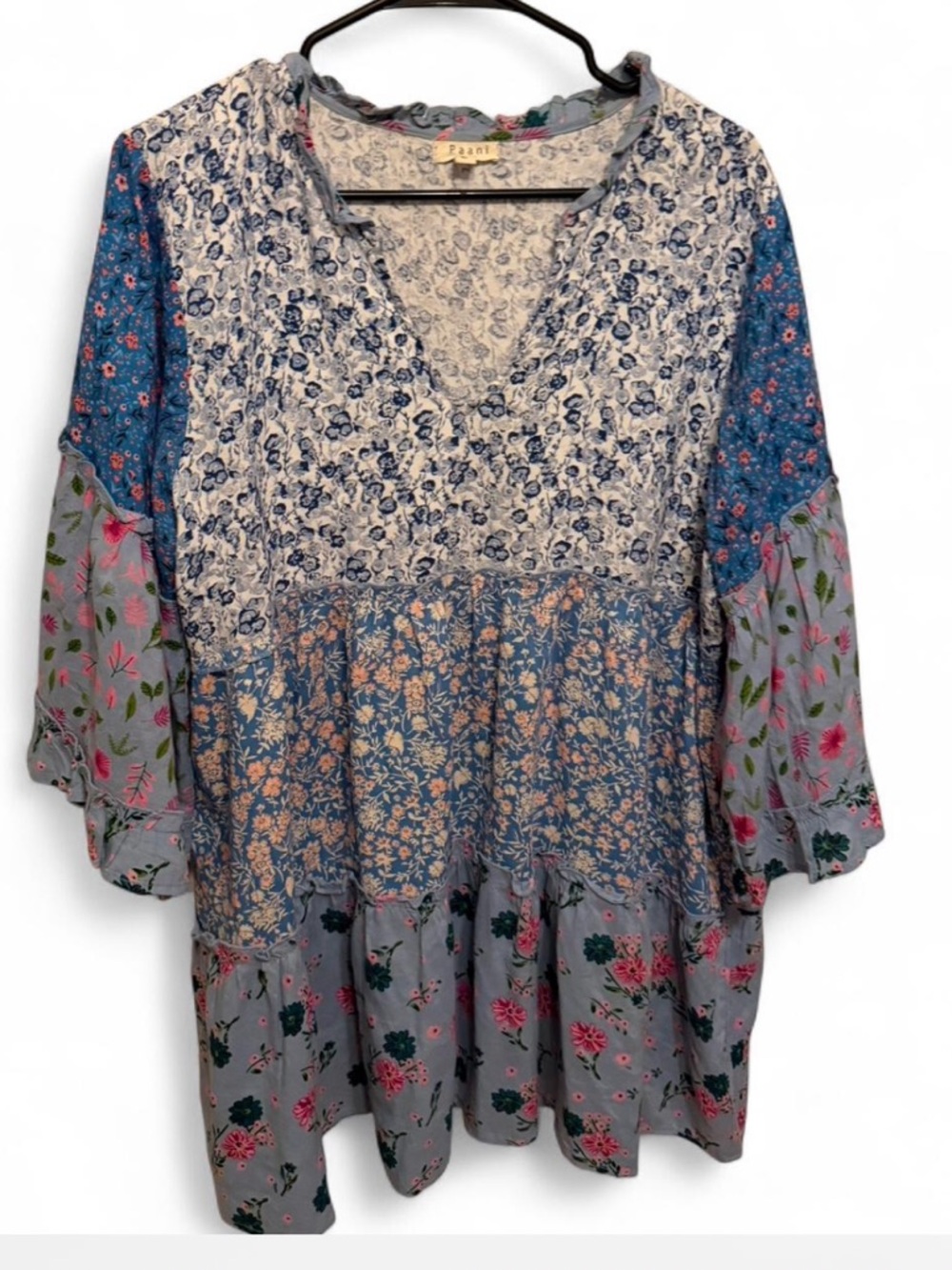 Paani Boho Floral Patchwork Tunic Dress - Blue Multi- large